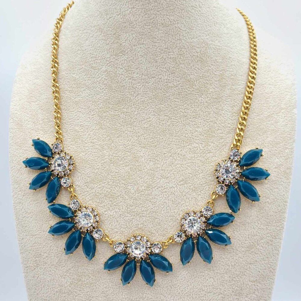 J Crew Teal Resin Clear Crystal Statement Necklace NEW!  NWOT!